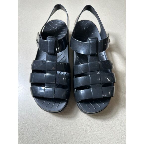 Crocs Splash Glossy Fisherman's Sandals Jellies NWOB Size 8 Black Discontinued - Picture 1 of 7